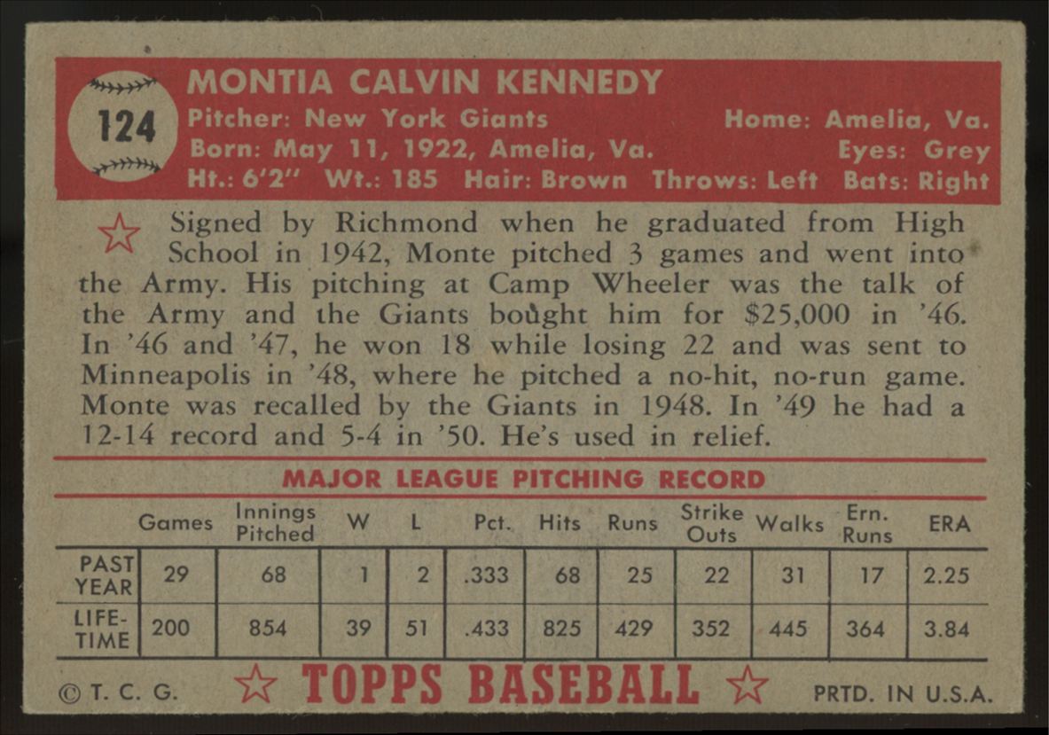 1952 Topps Monte Kennedy #124 EX "C"