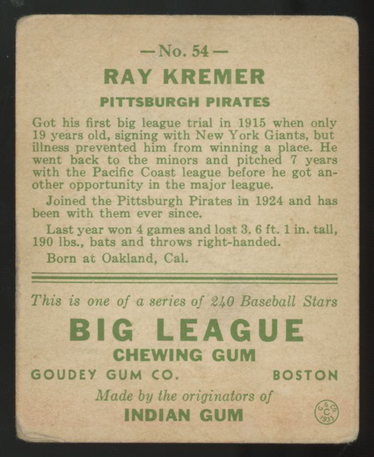 1933 Goudey Ray Kremer Big League Gum #54 Good