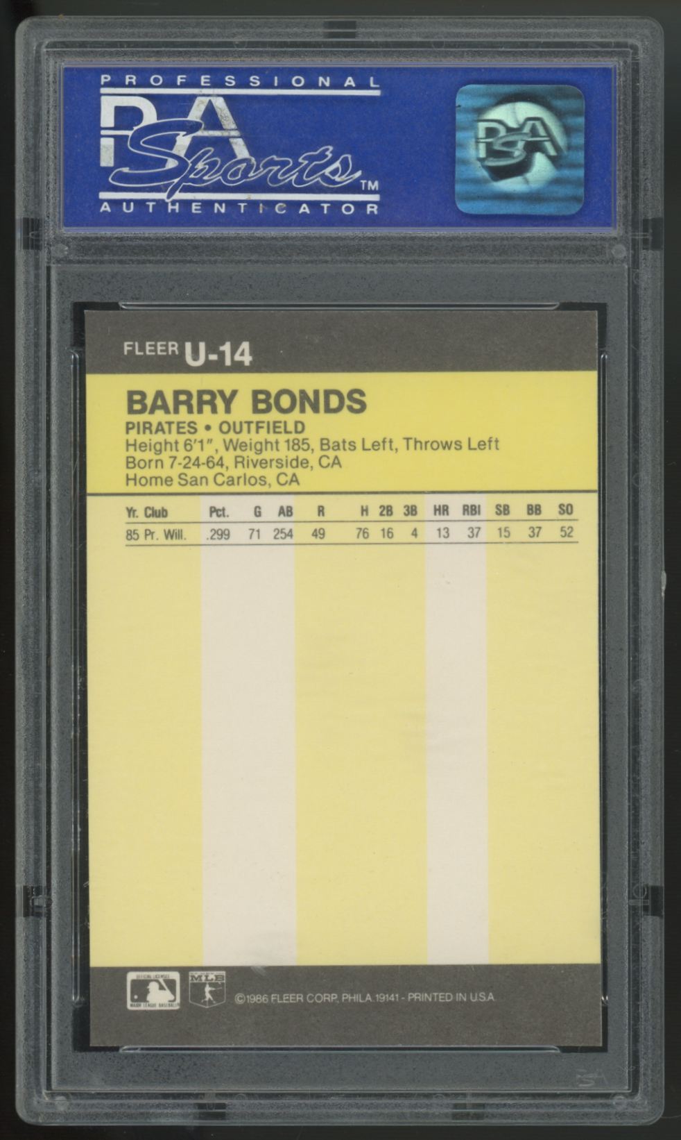 1986 Fleer Update Barry Bonds RC #U-14 PSA 9 *024
