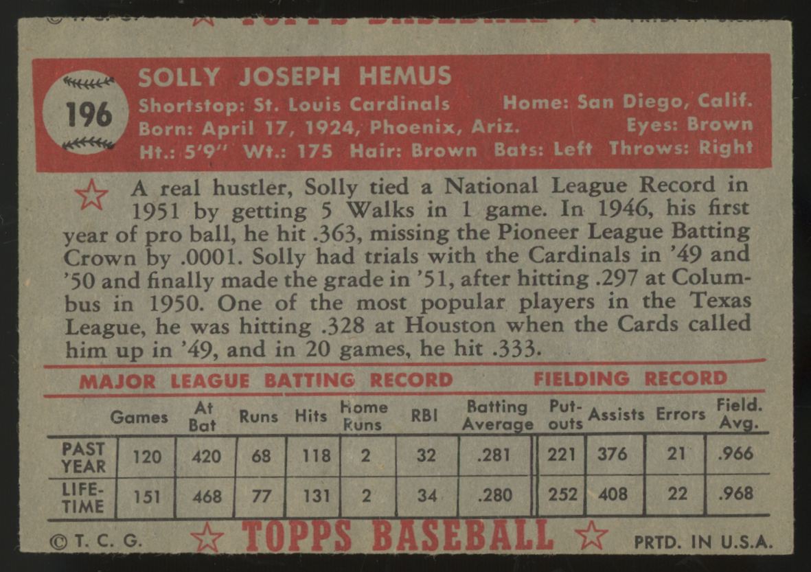 1952 Topps Solly Hemus #196 EX