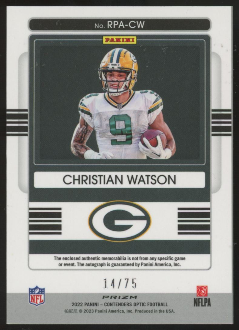 2022 Panini Contenders Optic Christian Watson RC Patch Auto RPA /75 #RPA-CW