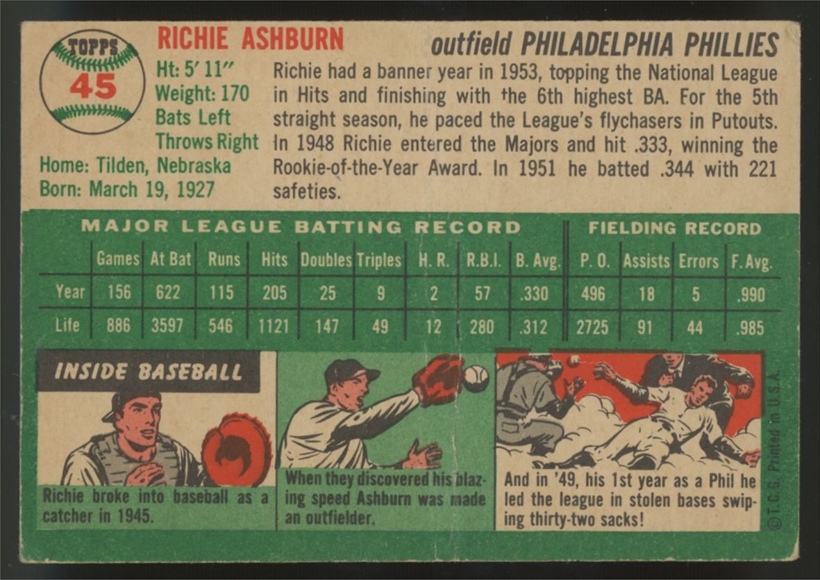 1954 Topps Richie Ashburn #45 G/VG