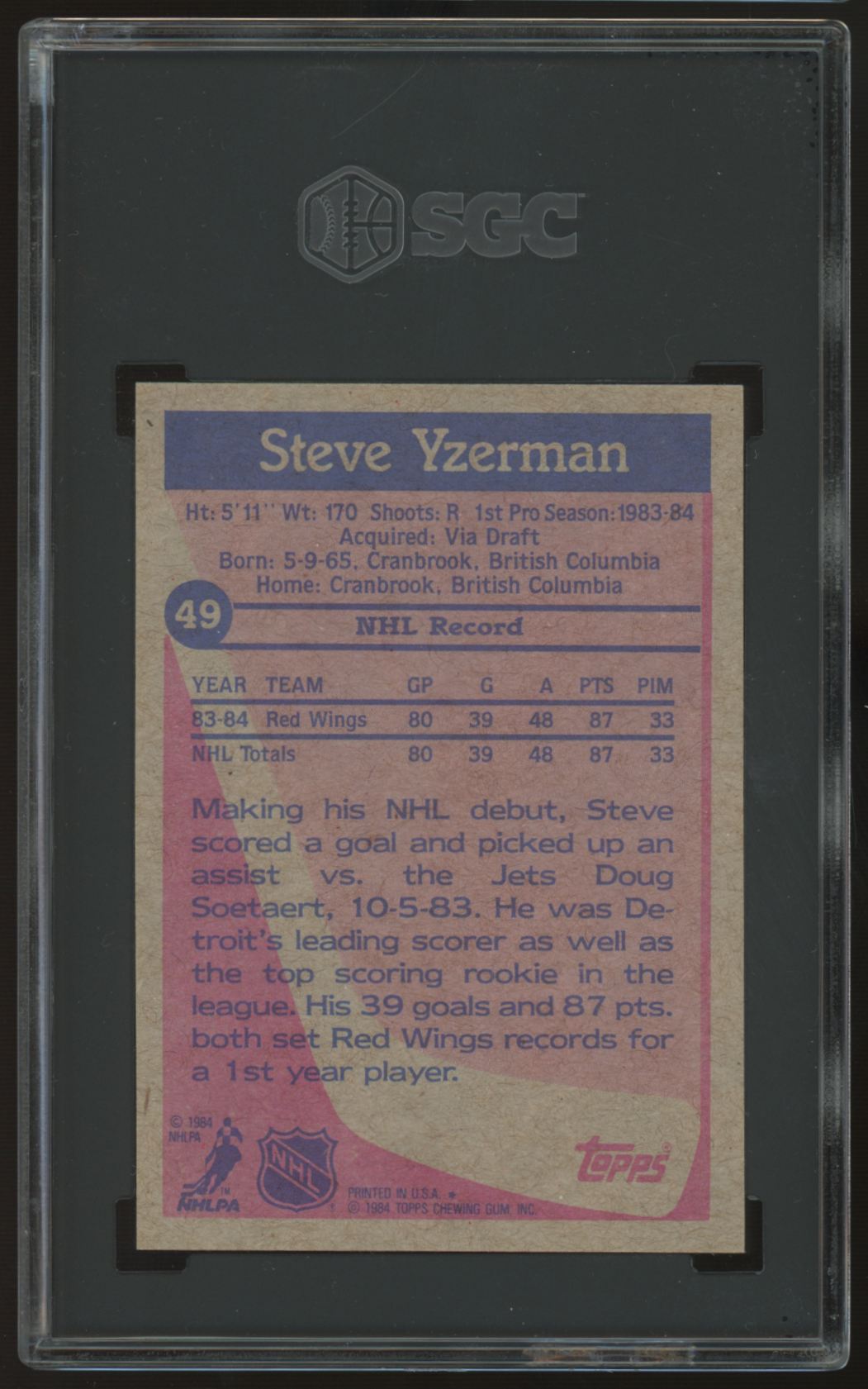 1984/85 Topps Steve Yzerman RC #49 SGC 8.5