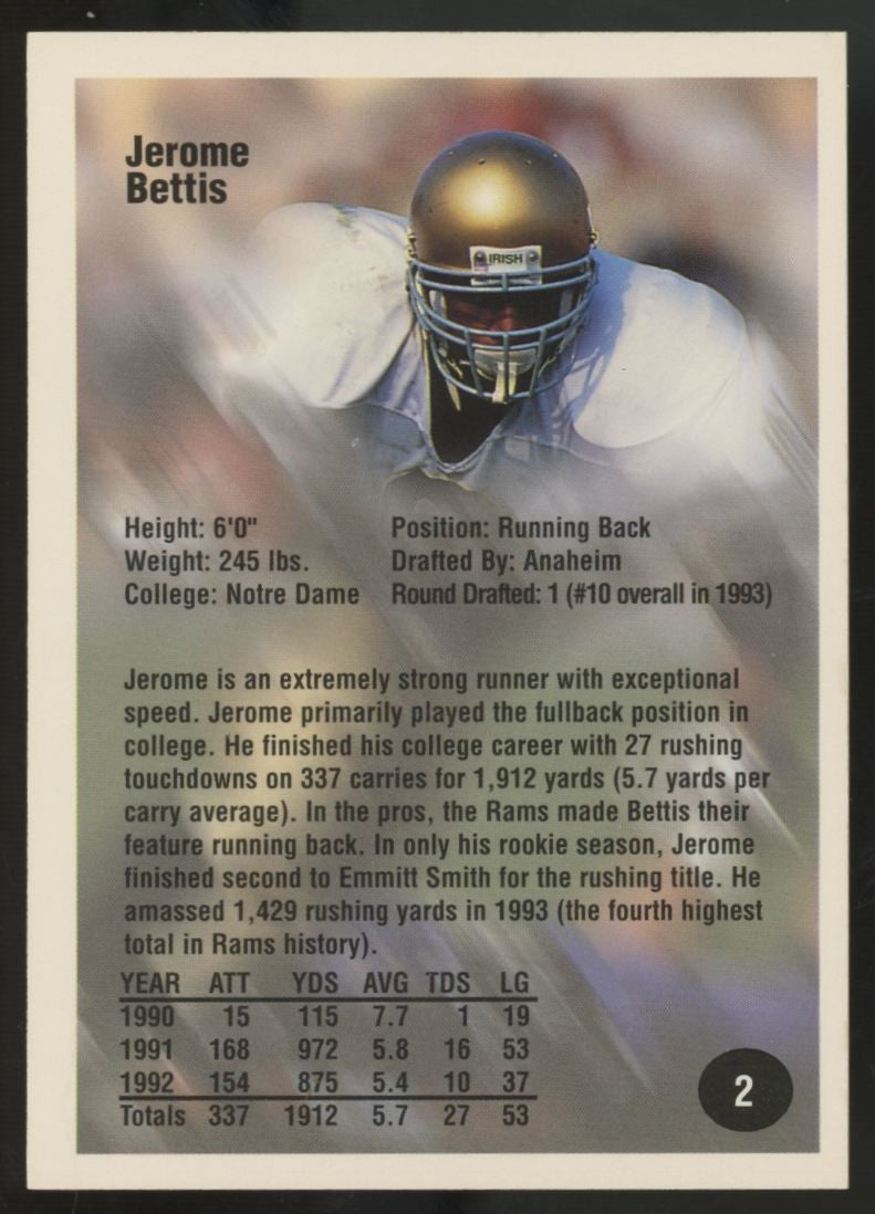 1993 Superior Rookies Jerome Bettis RC Auto /1000 #2