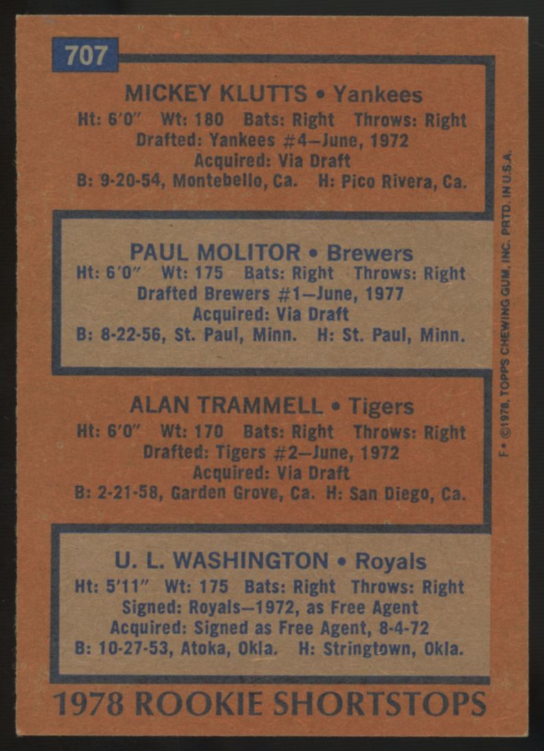 1978 Topps Klutts / Molitor / Trammell /Washington RC Shortstops #707 EX-MT