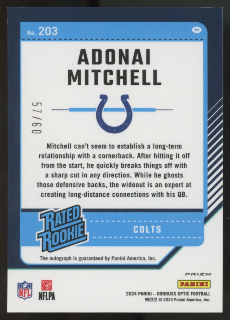 2024 Donruss Optic Adonai Mitchell RC Rated Rookie Black Gold Auto /60 #203