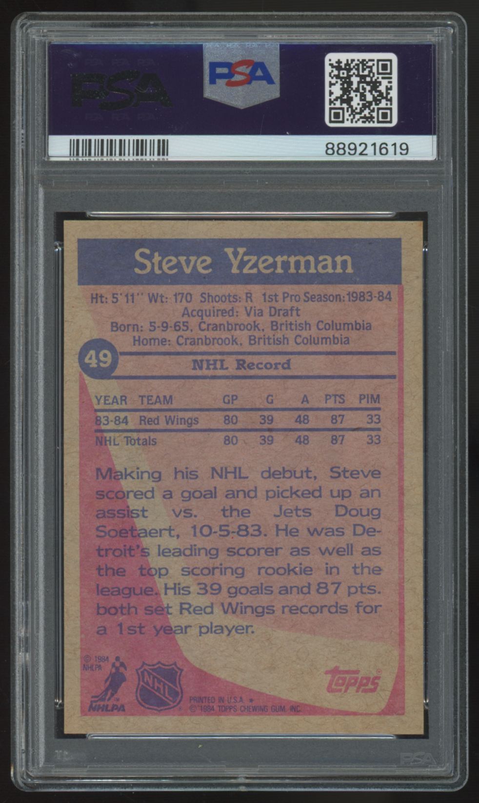 1984-85 Topps Steve Yzerman RC #49 PSA 7