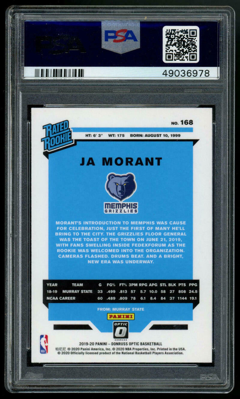2019-20 Donruss Optic Ja Morant Rated Rookie RC #168 PSA 10 GEM MT
