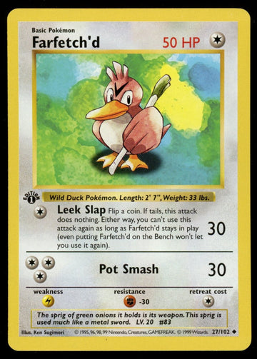 Pokemon Farfetch'd Base Set 1st Edition Shadowless #27/102 LP/MP