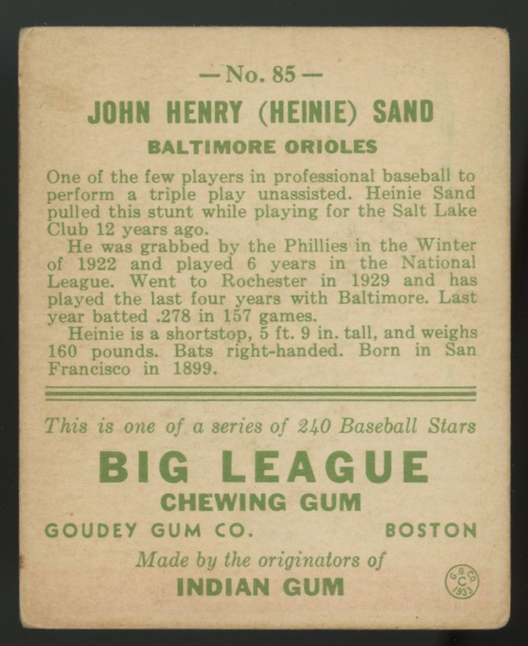 1933 Goudey John Henry "Heinie" Sand #85 G/VG