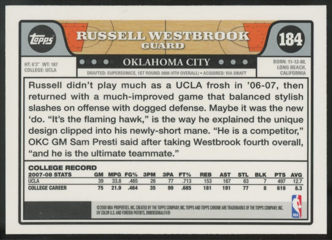 2008-09 Topps Chrome Russell Westbrook RC #184