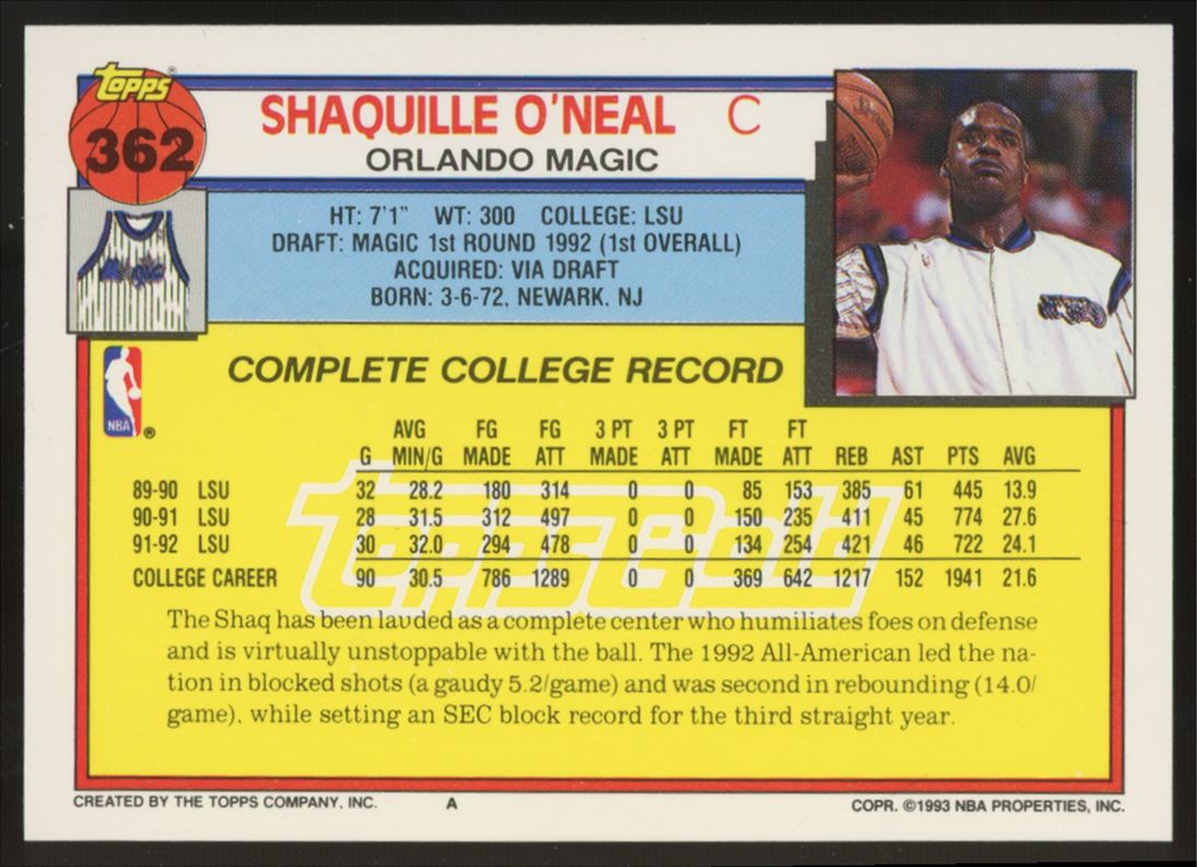1992-93 Topps Gold Shaquille O'Neal RC Draft Pick #362