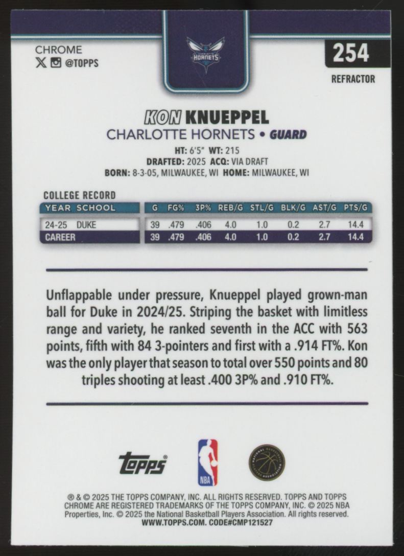 2025-26 Topps Chrome Kon Knueppel RC Refractor #254 *READ*
