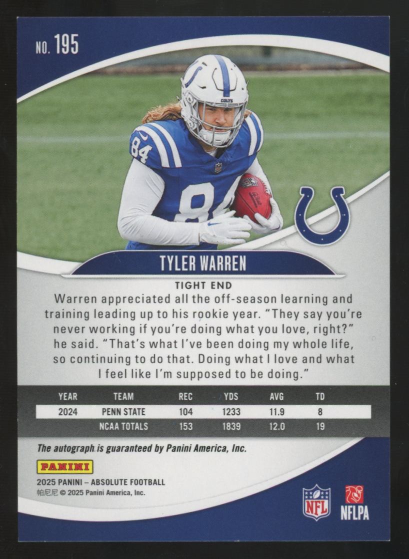 2025 Panini Absolute Tyler Warren RC Auto #195