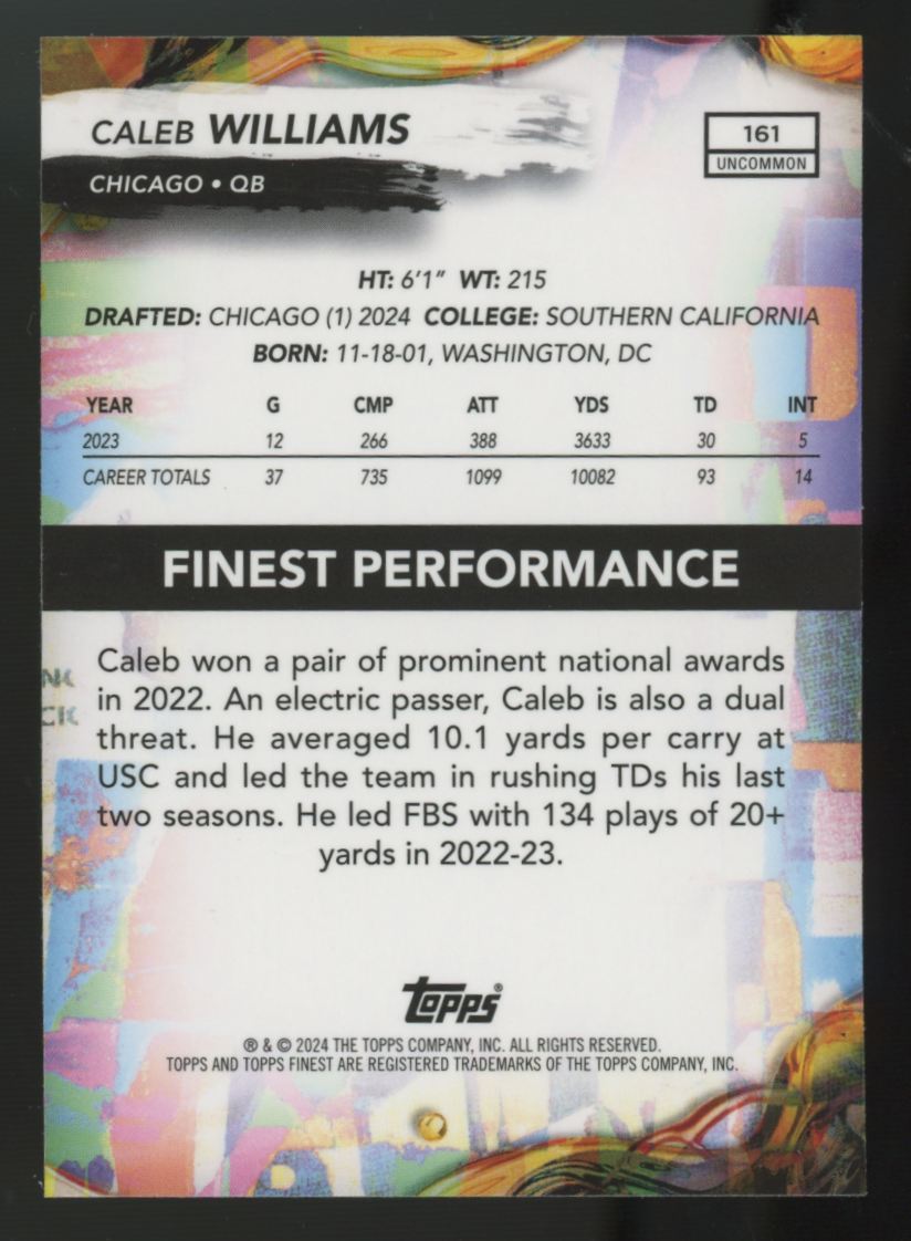 2024 Topps Finest Caleb Williams RC Uncommon Blue Refractor /150 #161