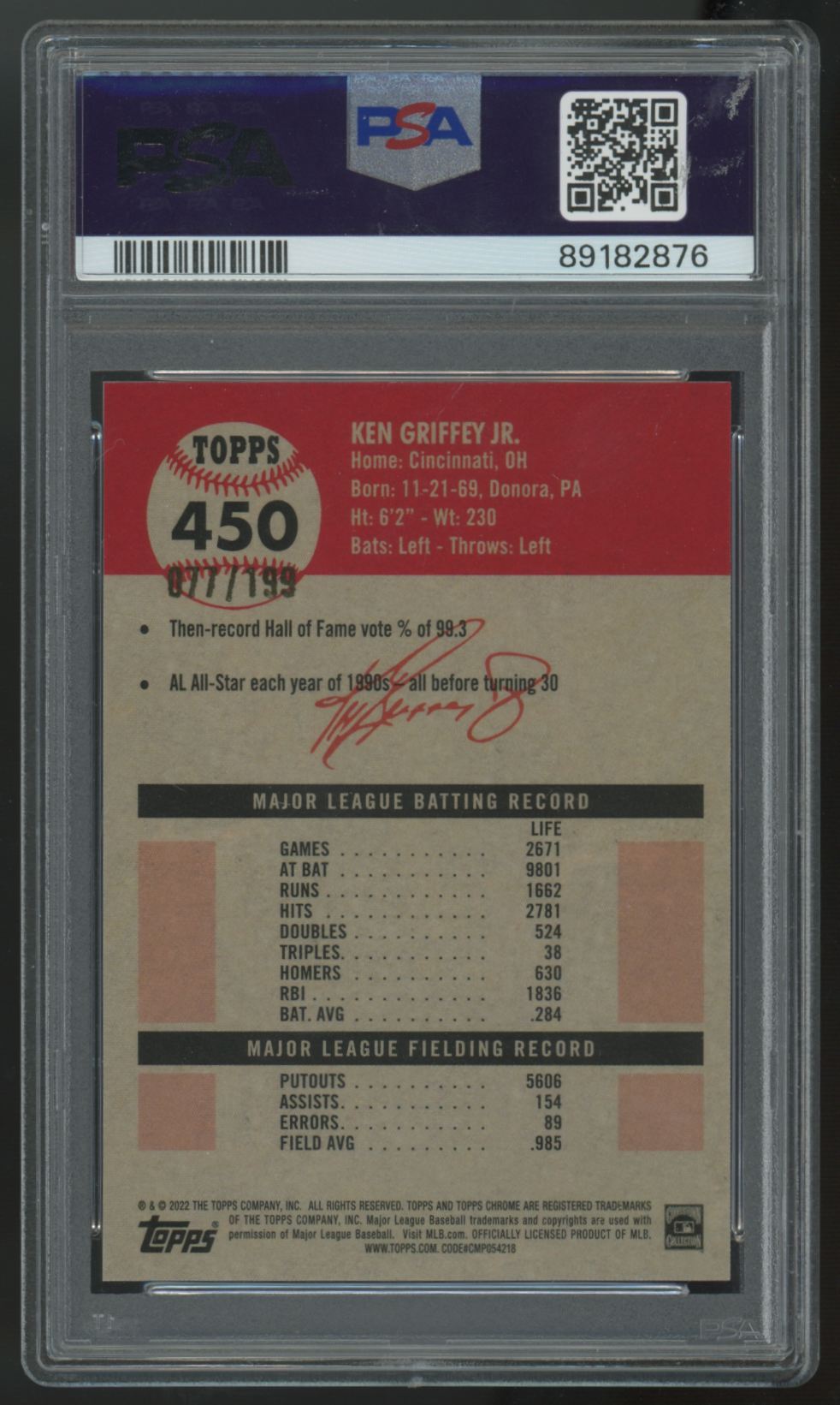 2022 Topps Chrome Platinum Ken Griffey Jr. Toile White/Blue Refractor /199 PSA 9