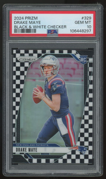 2024 Panini Prizm Drake Maye RC Black & White Checker #329 PSA 10