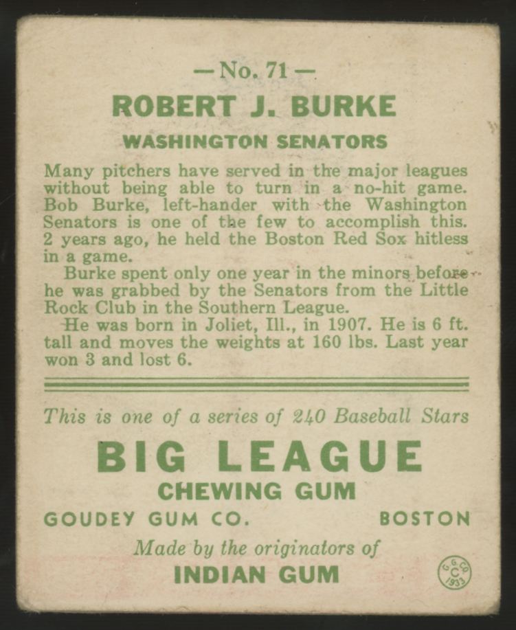 1933 Goudey Robert J. Burke #71 Poor