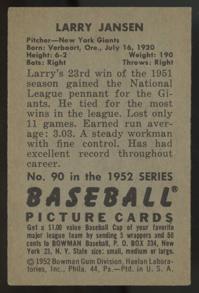 1952 Bowman Larry Jansen #90 EX