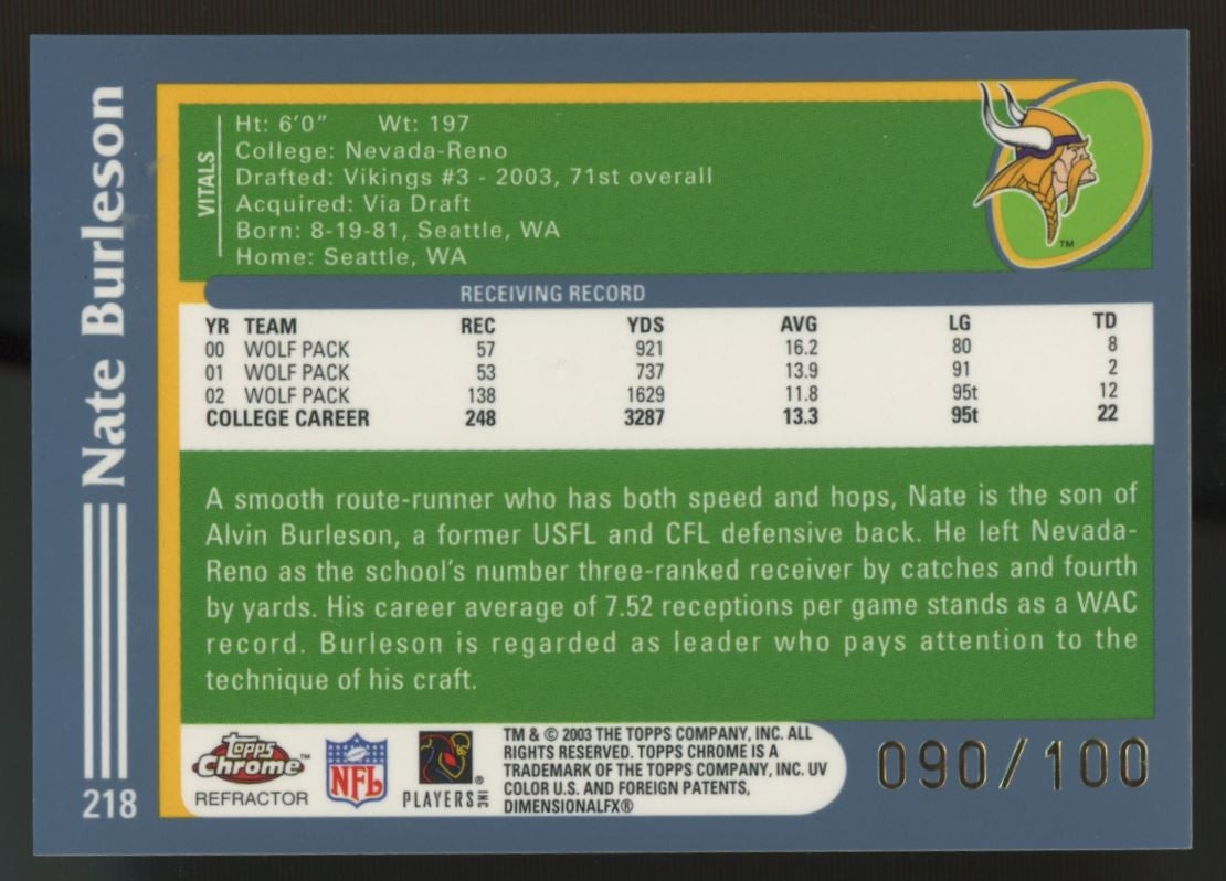 2003 Topps Chrome Nate Burleson RC Black Refractor /100 #218