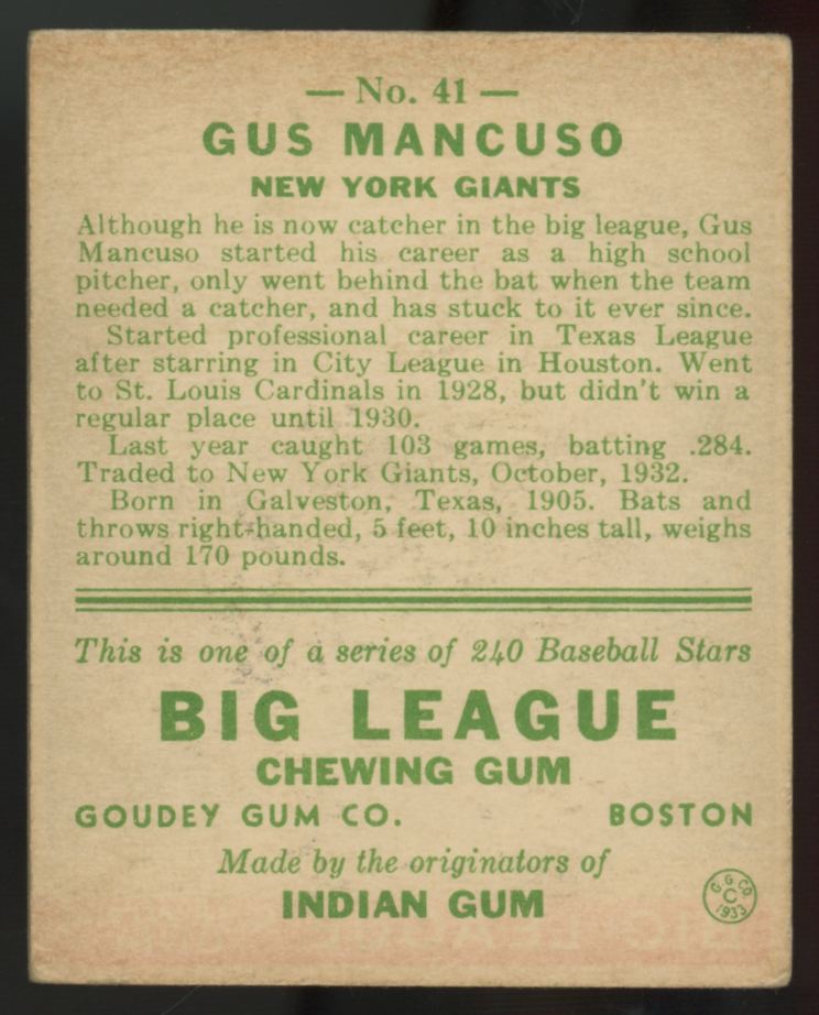1933 Goudey Gus Mancuso #41 VG "A"