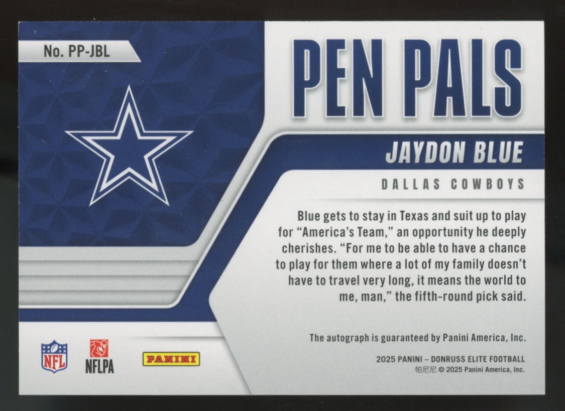 2025 Panini Donruss Elite Jaydon Blue RC Pen Pals Auto #PP-JBL