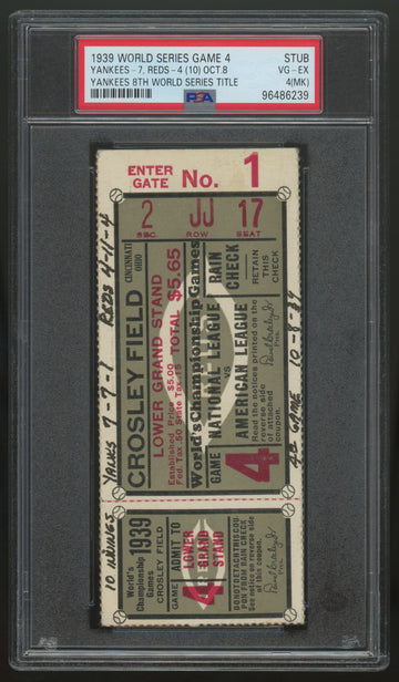 1939 World Series Game 4 Ticket Stub Reds Yankees 8th WS Title PSA 4 (MK)