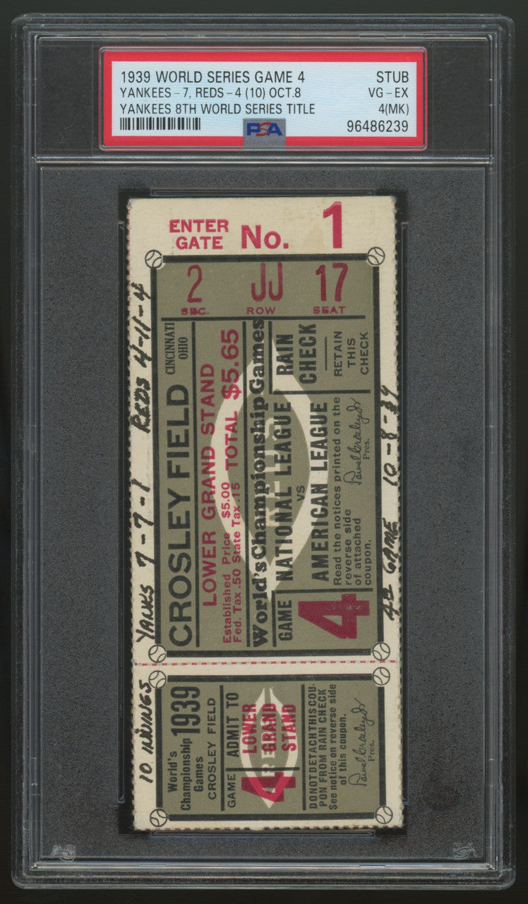 1939 World Series Game 4 Ticket Stub Reds Yankees 8th WS Title PSA 4 (MK)
