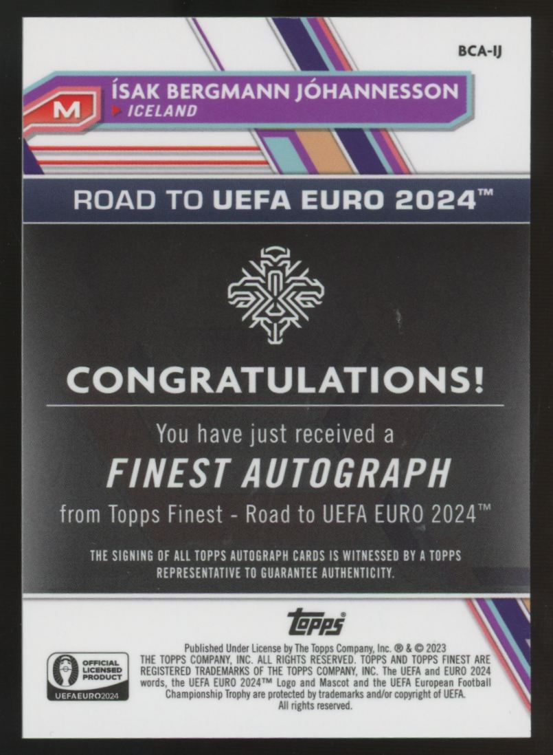 2023 Topps Finest Road To UEFA Isak Bergmann Johannesson Fuchsia Lava Auto /75
