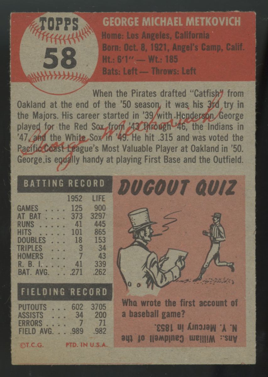 1953 Topps George Metkovich #58 VG/EX