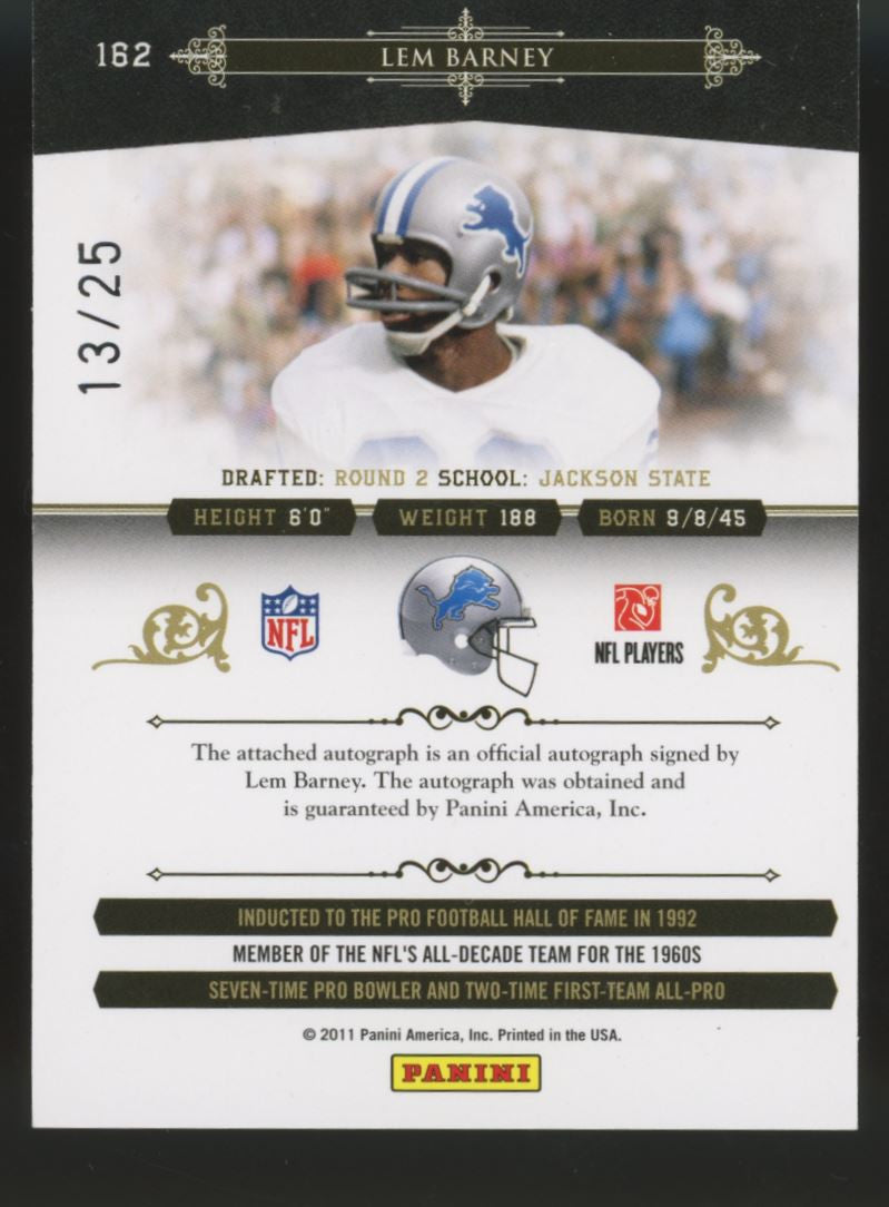 2011 National Treasures Lem Barney Legend Auto /25 #162 "B"
