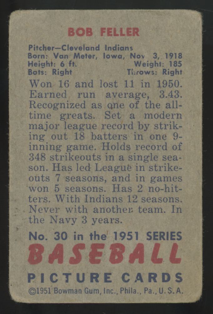 1951 Bowman Bob Feller Picture Card #30 Poor "B"