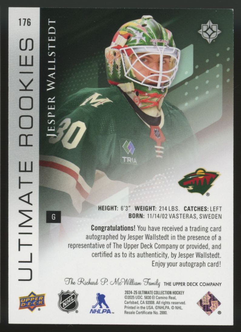 2024/25 UD Ultimate Collection Jesper Wallstedt Ultimate Rookie Auto /299 #176