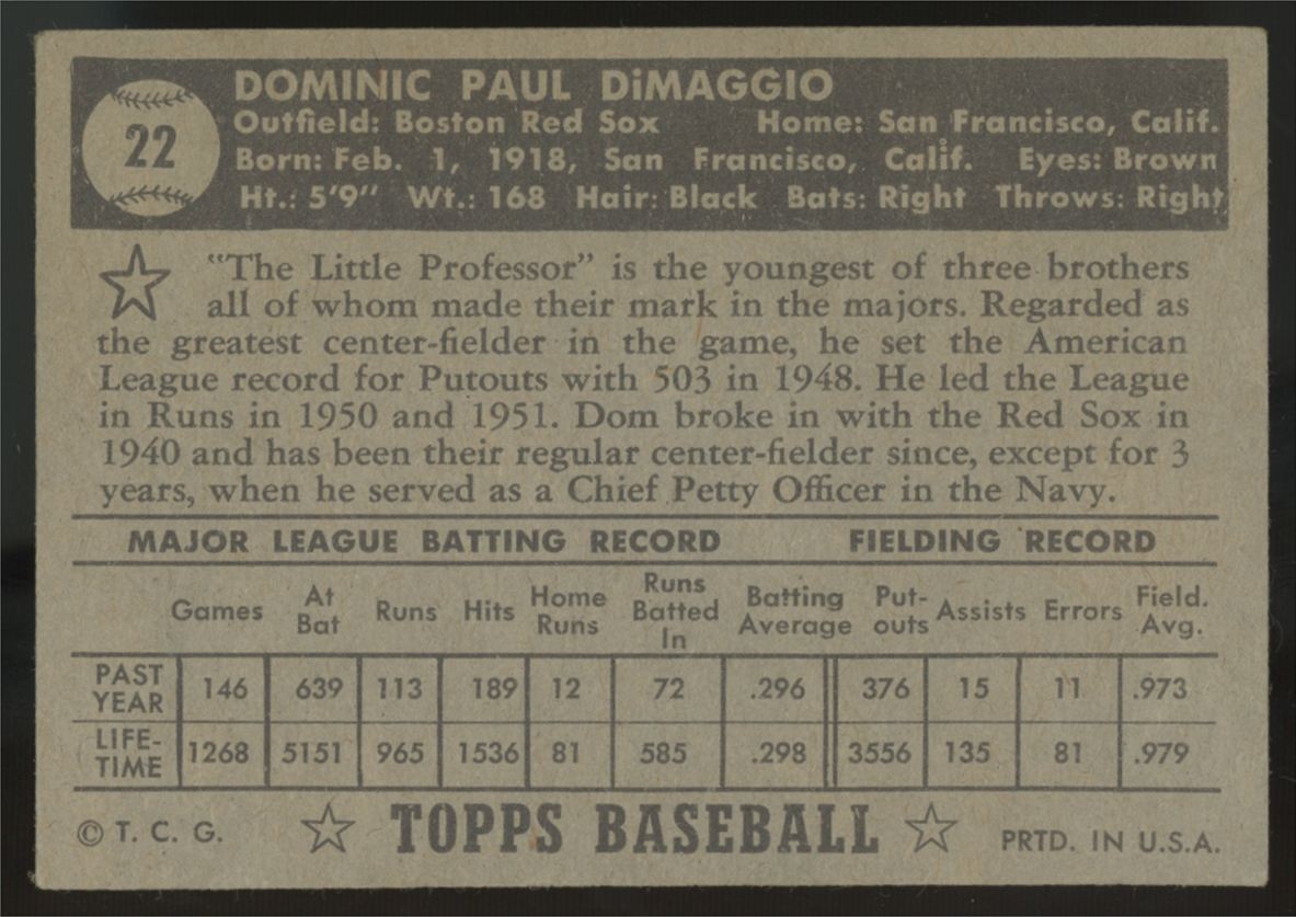 1952 Topps Dom DiMaggio Black Back #22 VG