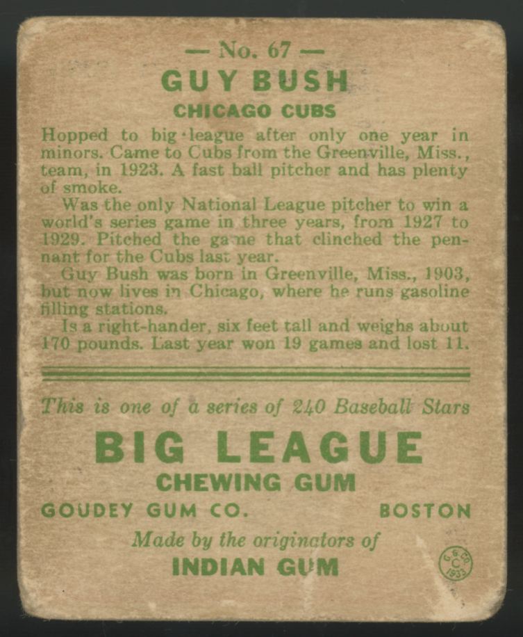 1933 Goudey Guy Bush #67 Poor