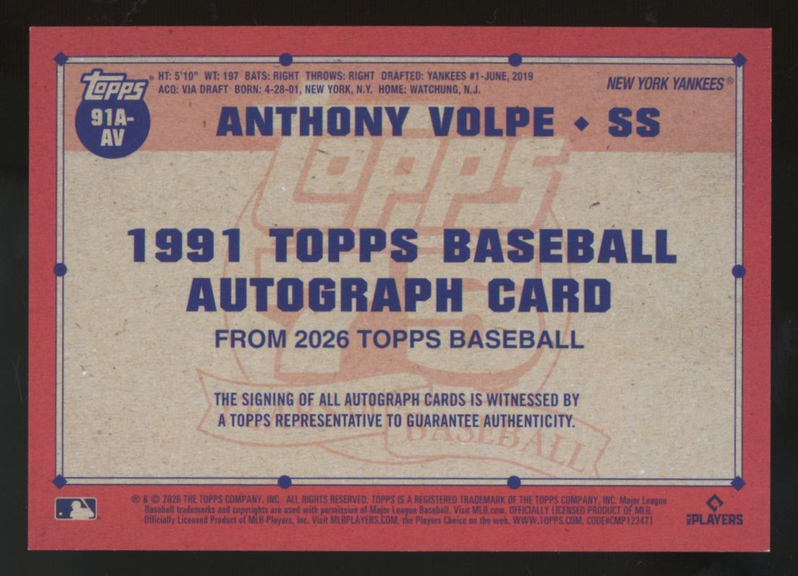 2026 Topps Series One Anthony Volpe 1991 Auto #91A-AV