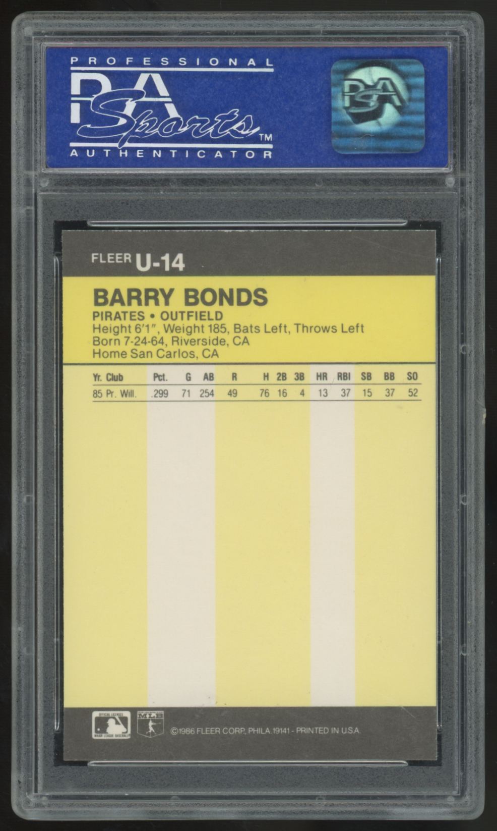 1986 Fleer Update Barry Bonds RC #U-14 PSA 9 *266