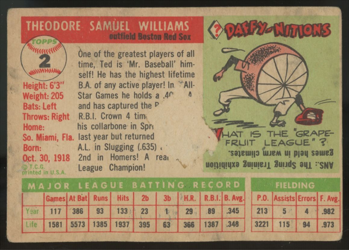 1955 Topps Ted Williams #2 Poor (Paper Loss)
