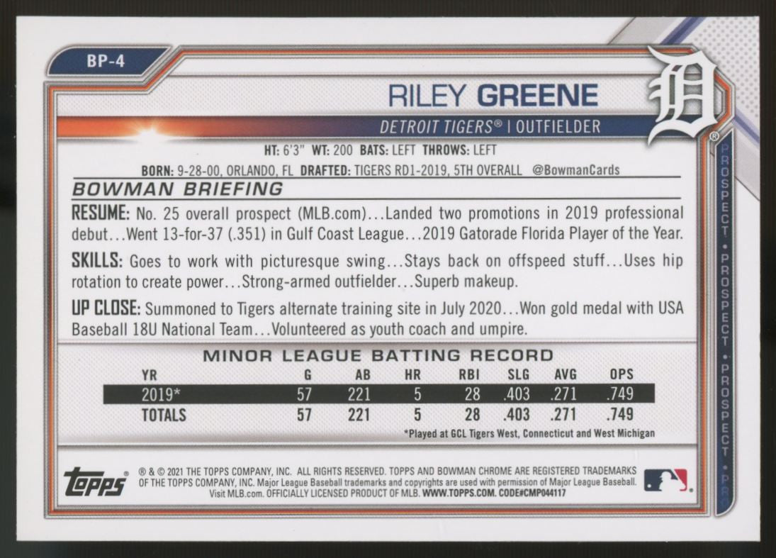 2021 Bowman Riley Greene Prospect Green Camo Border #BP-4 Signed IP Auto