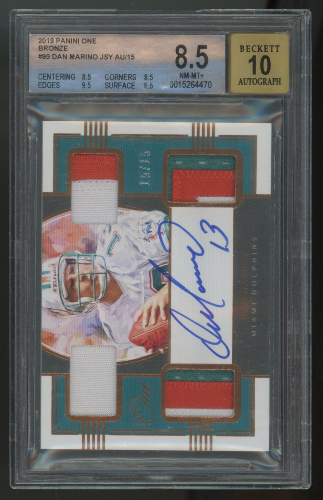 2019 Panini One Dan Marino Bronze Quad Jersey Patch Auto /15 BGS 8.5 10