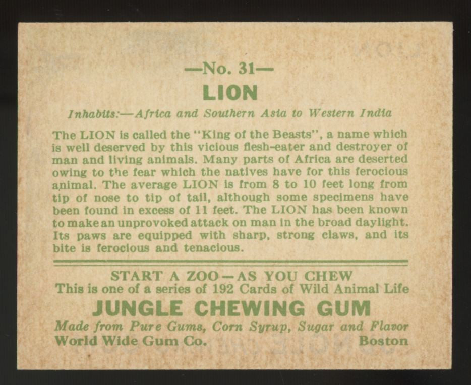 1930 R78 World Wide Gum Lion Jungle Gum #31 NM