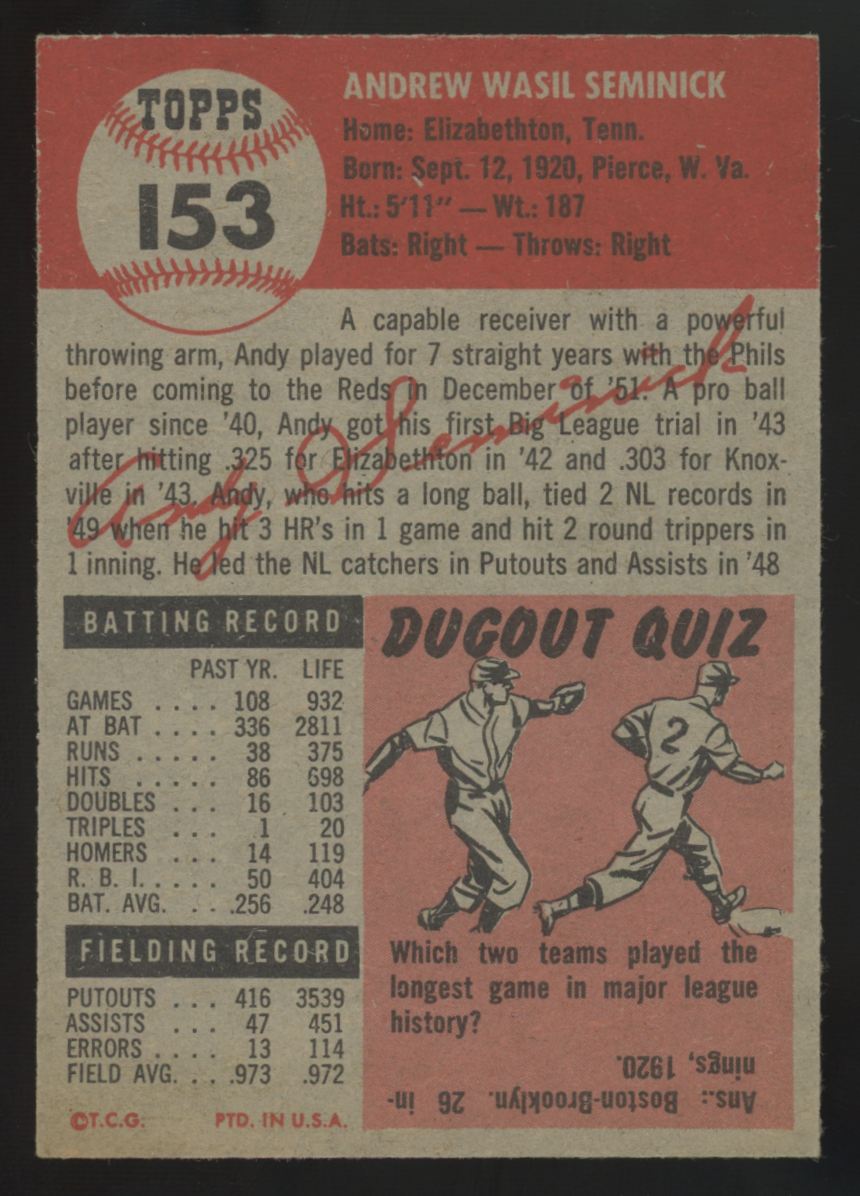 1953 Topps Andy Seminick #153 VG/EX