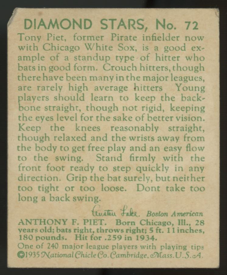 1934-36 1935 Diamond Stars Tony Piet #72 Poor