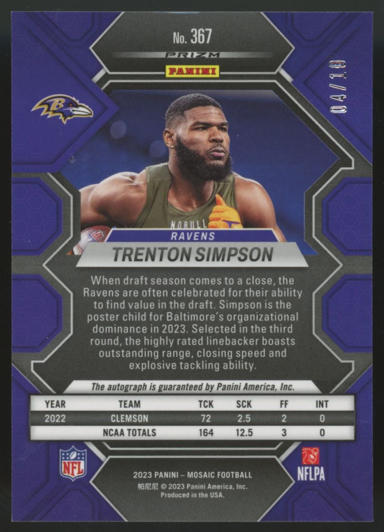 2023 Panini Mosaic Trenton Simpson RC Gold Auto /10 #367