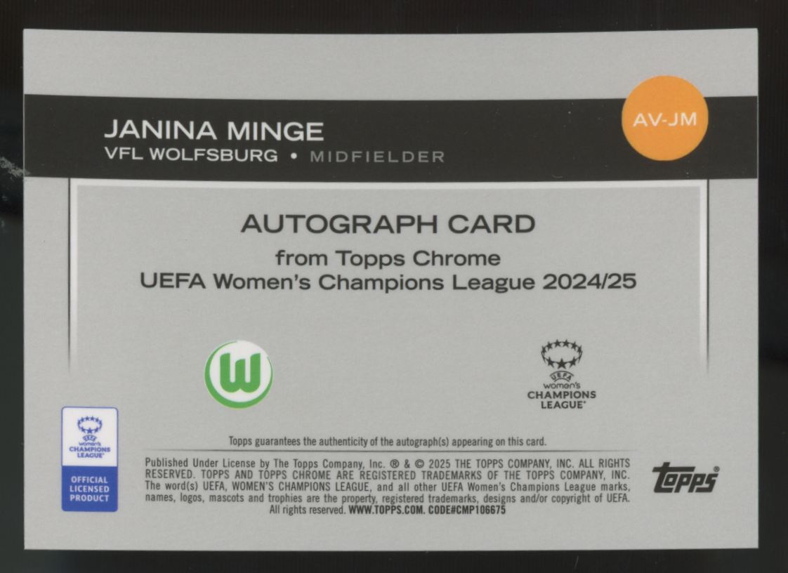 2024-25 Topps Chrome UEFA Women's Janina Minge RC Orange Auto Refractor /25