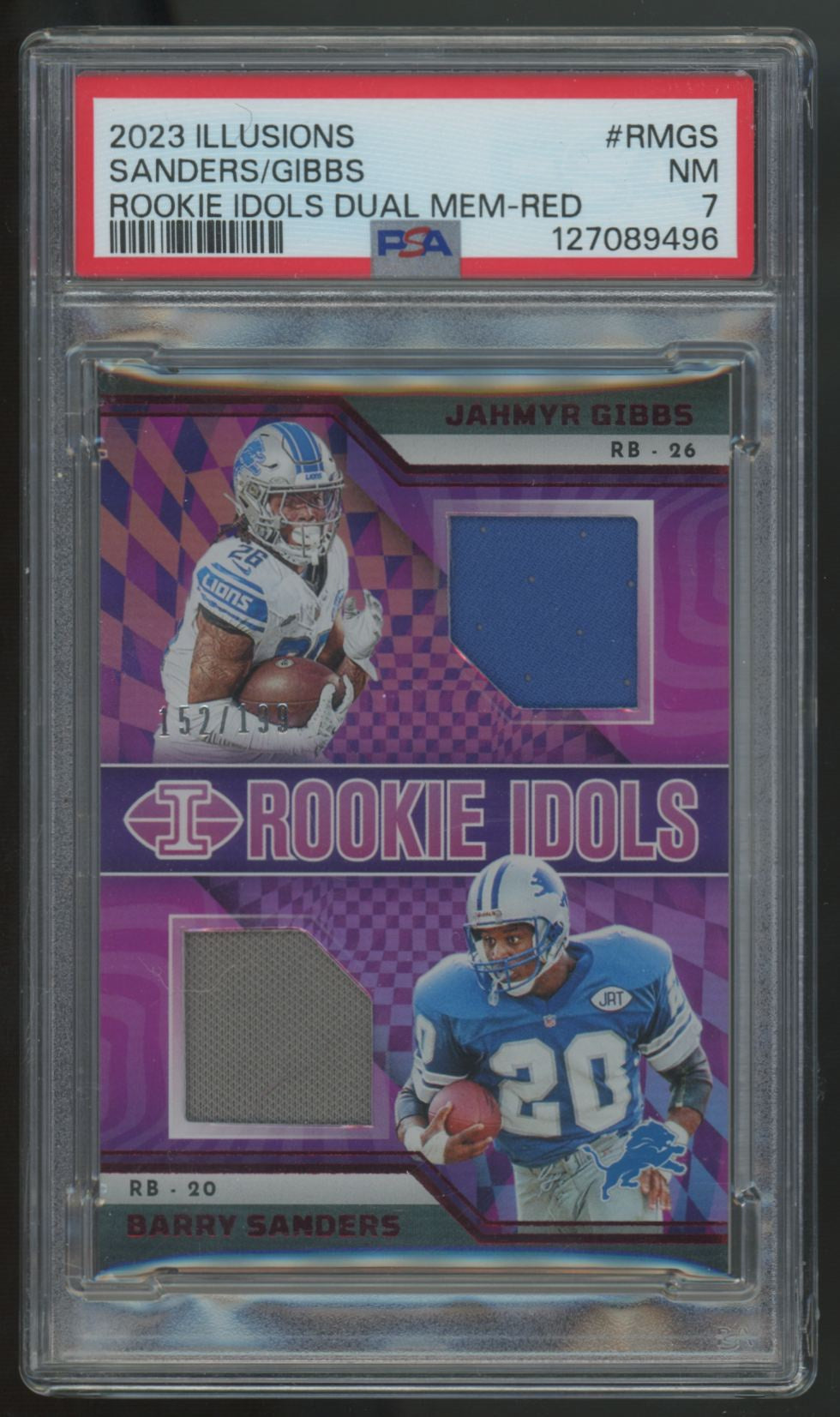 2023 Illusions Sanders/Gibbs RC Rookie Idols Red Dual Patch /199 #RM-GS PSA 7