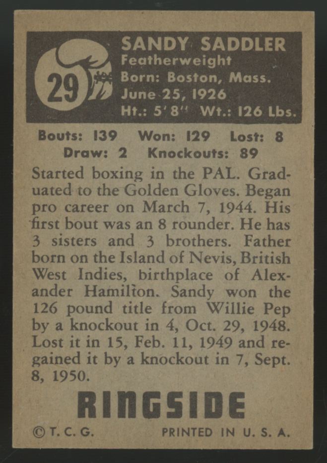 1951 Topps Ringside Sandy Saddler #29 EX "A"