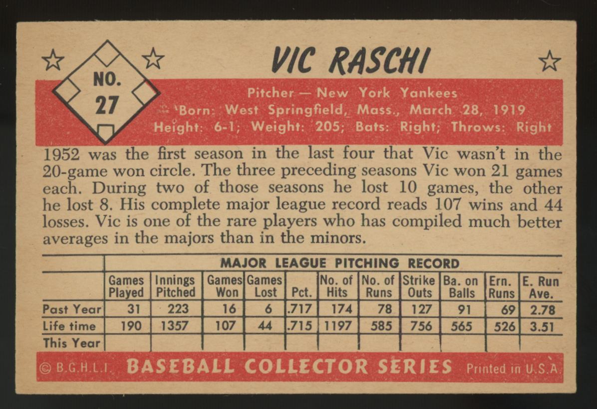 1953 Bowman Color Vic Raschi #27 EX