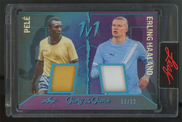 2026 Leaf Glory Of The Game Erling Haaland, Pele 1v1 Dual Patch Blue /12 #1v1-12