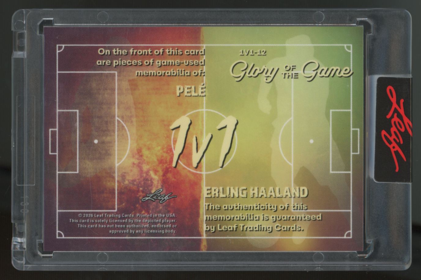 2026 Leaf Glory Of The Game Erling Haaland, Pele 1v1 Dual Patch Blue /12 #1v1-12